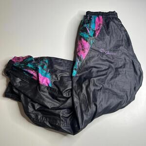 Vintage Gucci 80s 90s Track Pants XL Black Nylon Cotton Lined Neon Print Italy